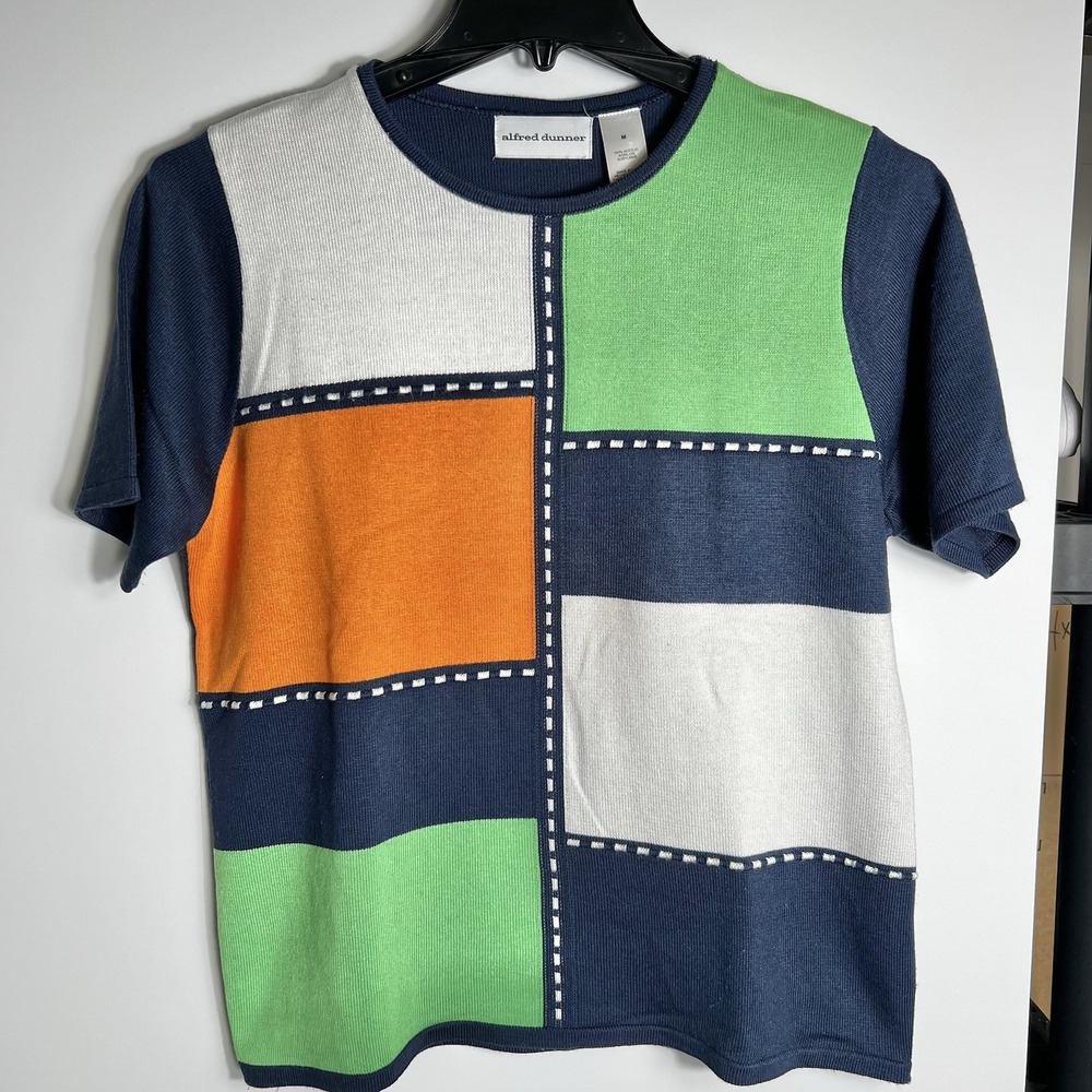 Vtg Alfred Dunner Women's M Colorblock Knit Top Geometric Patchwork Made in USA